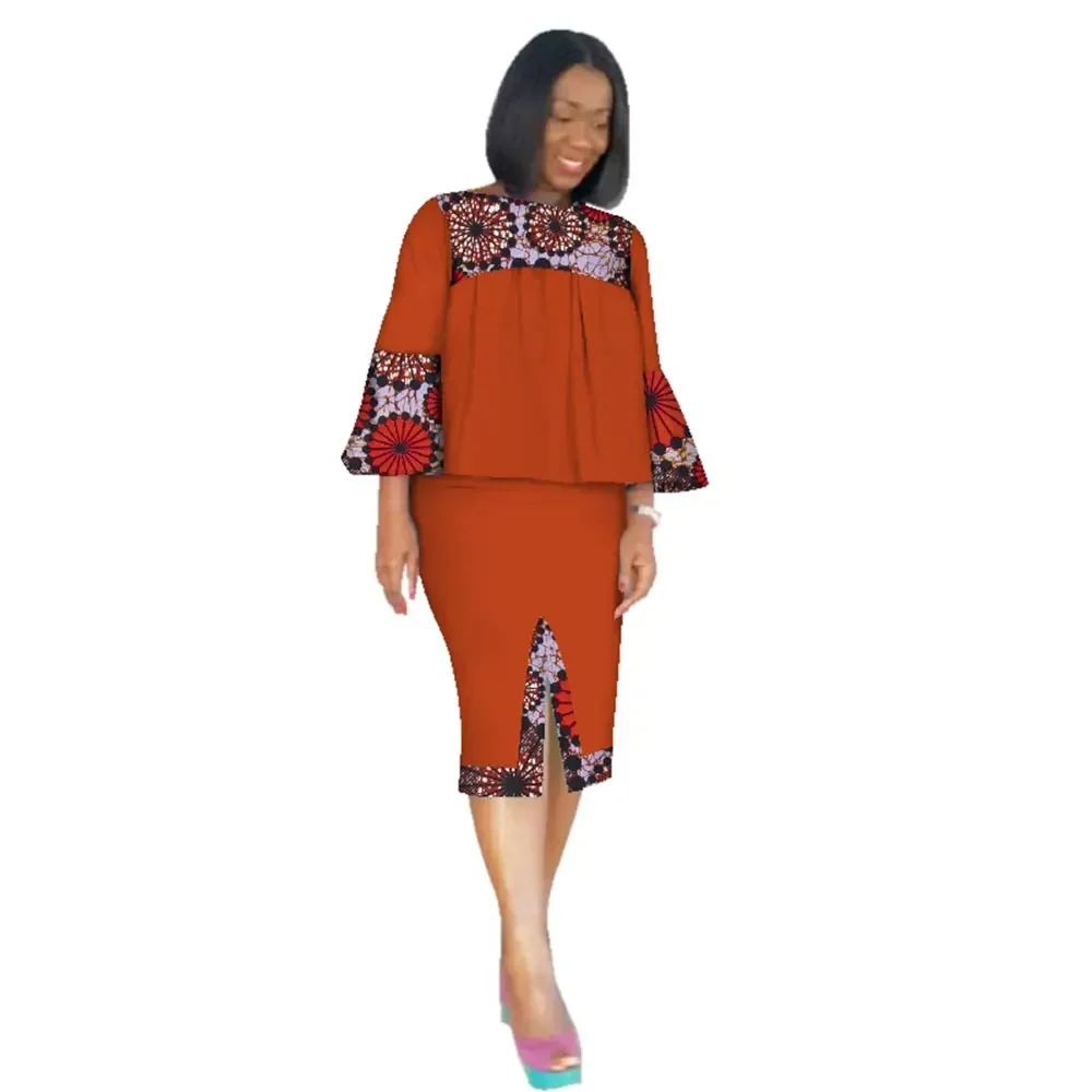 

African Clothing Women Ankara Two Pieces Set Long Sleeve Crops Tops & Skirt Set Women Bazin Riche African Clothing 6XL WY2571