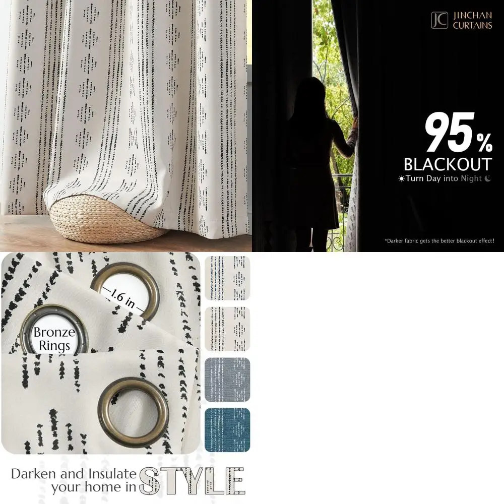 

108 штор Boho Blackout с геометрическим принтом, черно-бежевые, 2 панели, термоизолирующие, затемняющие.