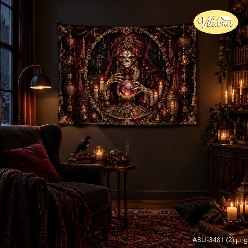 VIKAMA Gothic Christmas Prophecy Witch Skull Tapestry, Vintage Crystal Ball Background Cloth, Party Wall Decor