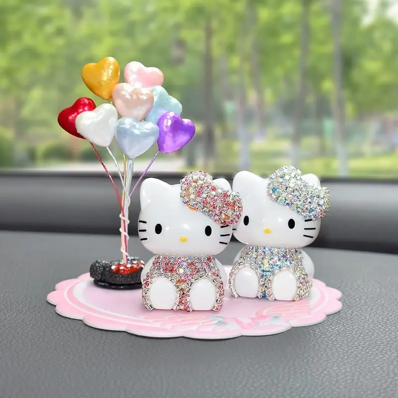 

Kawaii Hello Kitty Car Diamond Pendant Anime Kt Cat Hairball Diamond Ornaments Rear View Mirror Pendant Car Decor Accessories