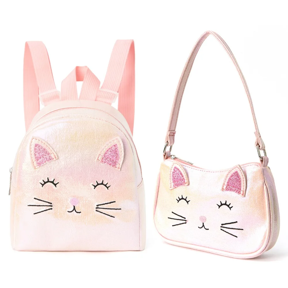 Mini bolso escolar informal con diseño de gato de dibujos animados, mochila bordada, bolso láser para niñas