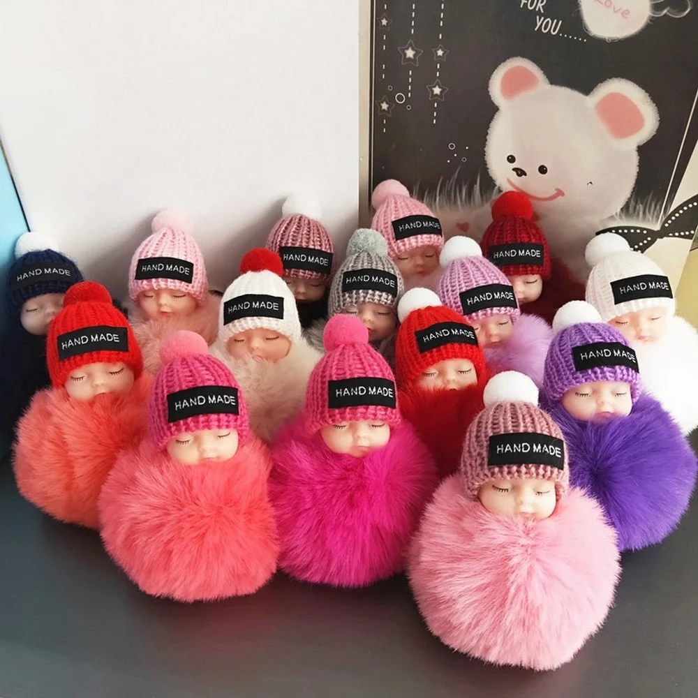 Fashion Colorful Sleeping Baby Doll Hanging Piece Hair Ball Pendant Cute Fluffy Pompom Chain Cotton Wool Holder Bag Ball Toy