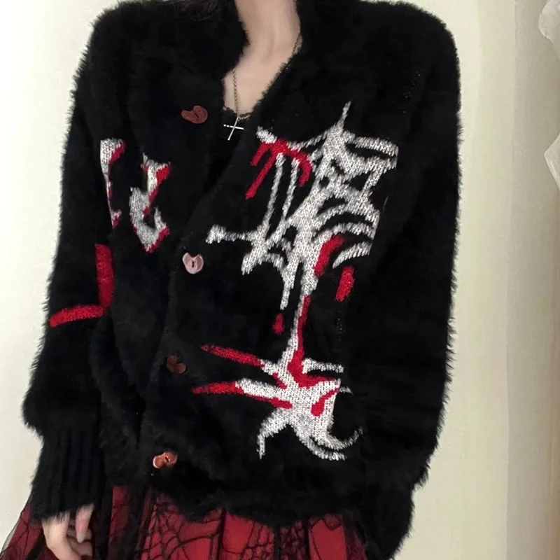 E-girls punk Subculture gothic embroidered Loose sweater Cardigan sweet cute casual vintage Harajuku y2k Aesthetic Dark sweater