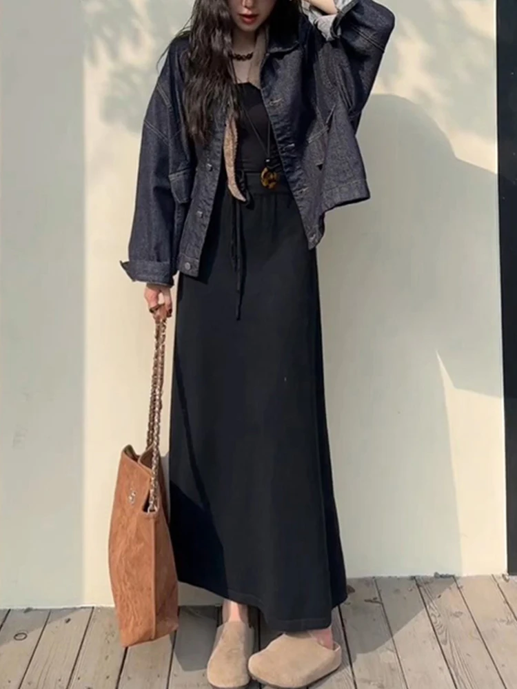 

Faionable Loose Long Sve Denim Jaet And High Waist Skirt Women's Set Autumn 2025 Casual Sle Slimming Effect