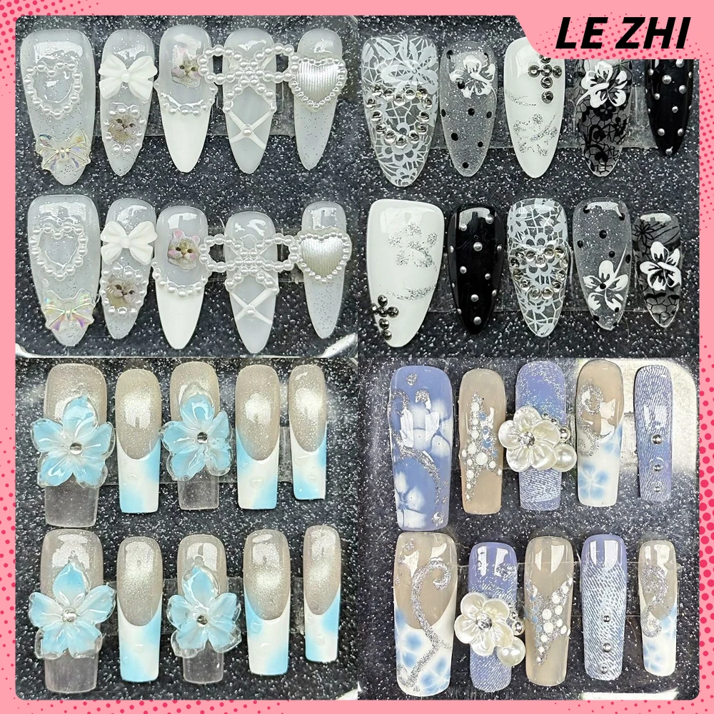 

10Pcs Spice Girl Almond Square Round Handmade Nail Party Sticker 3D Cartoon Cute Hello Kitty Rilakkuma Flowers Pearl Fake Nails