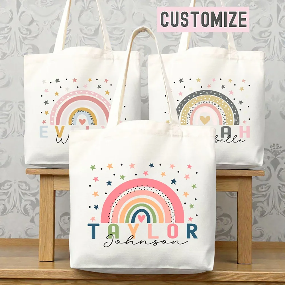 Personalized Name Tote Bag Rainbow Back To School Gift for Teacher Students Library Bag Teacher's Day Gift for Her Kids Drawing