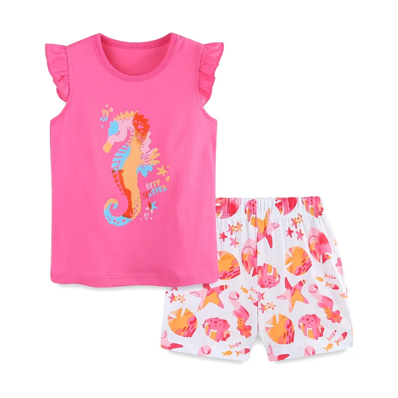 

Jumping Meters New Arrival 2-7T Summer Girls Clothing Sets 2 Pcs Suits Hippocampus Toddler Kids Outfits Sleeveless Tees Shorts