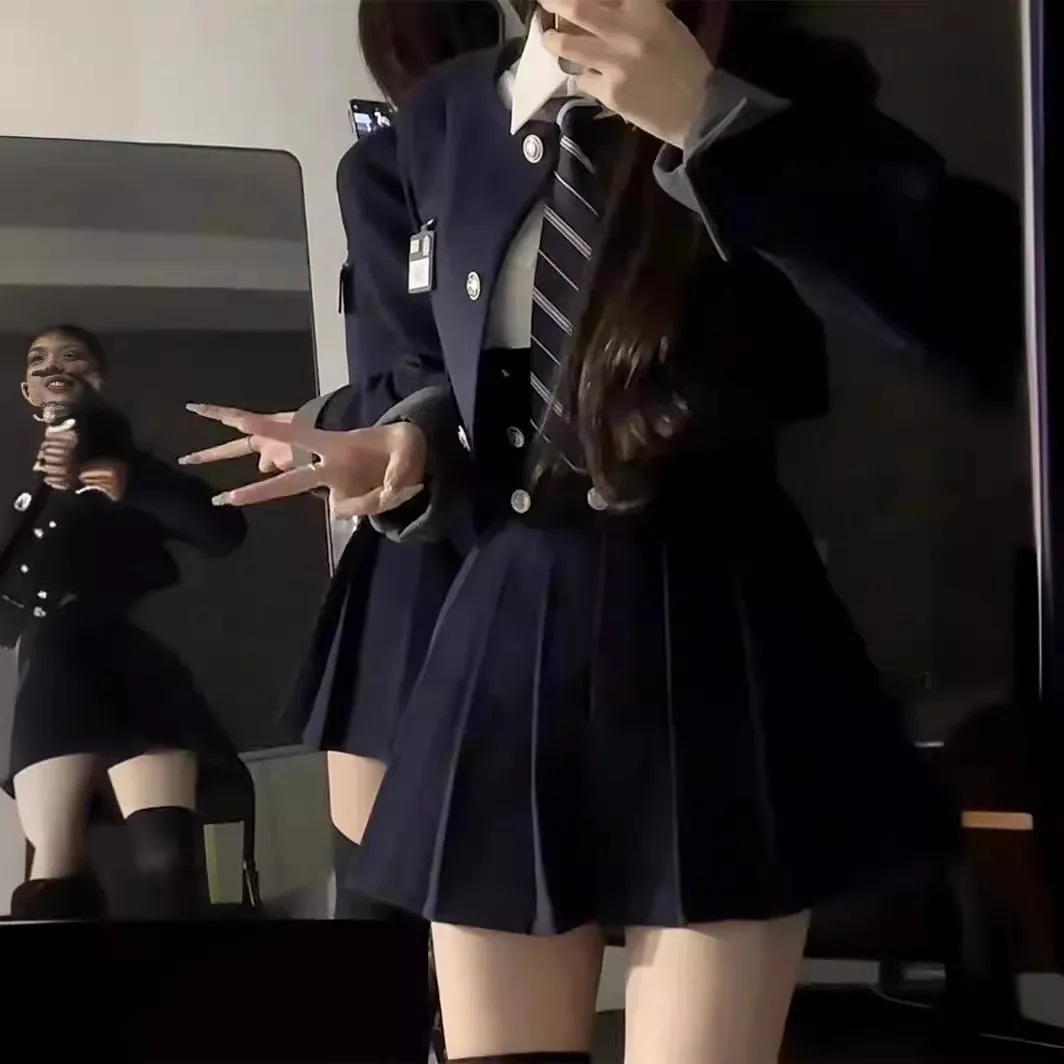 

Женский комплект в стиле преппи: укороченный пиджак и юбка с высокой талией, весенне-летний комплект из трех предметов, плиссированная юбка с эффектом стройности