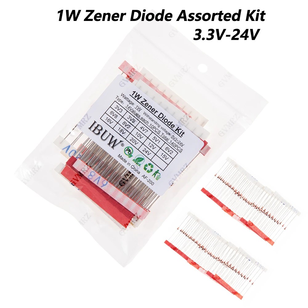 140pcs/Lot 1W Zener Diode Assorted Kit 3.3V-24V 14values*10pcs=140pcs Electronics Component Sample Set 3.3V 3V9 4V7 6V2 6V8 