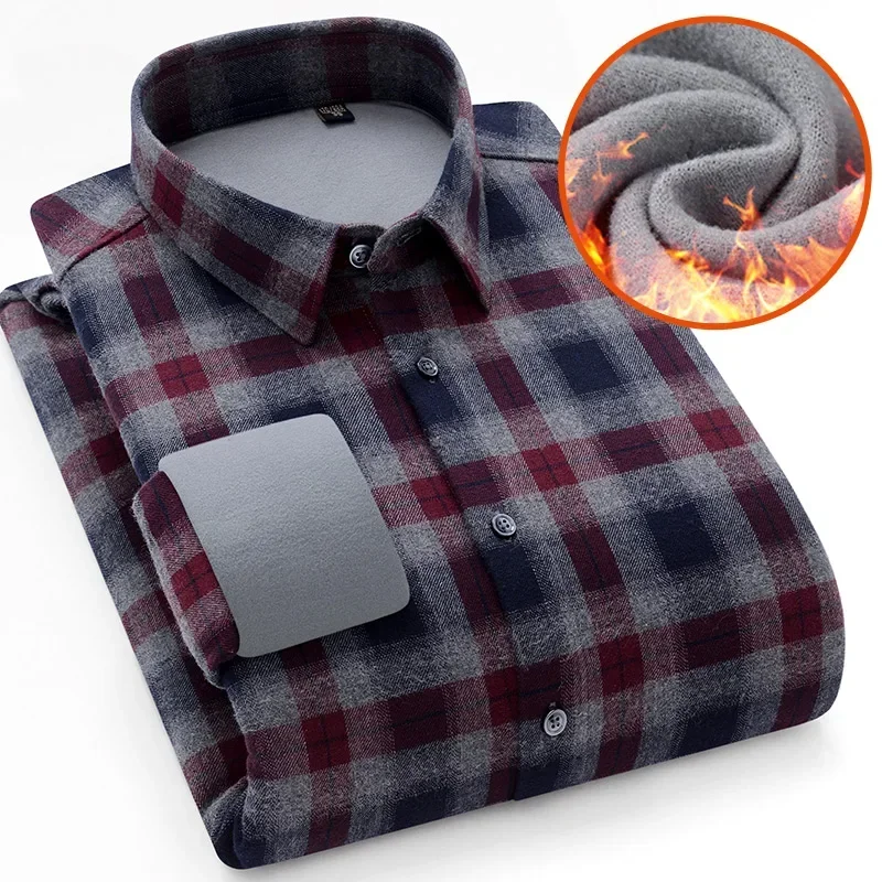 Men's Plaid Brushed Fleece Long Sleeve Warm Shirts 2024 Single Pocket Comfortable Casual Fashion Standard Fit Button Down Shirts