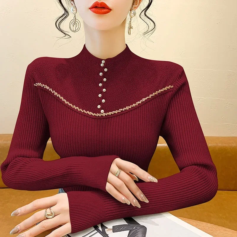 2024 Autumn New Fashion Beaded Knitted Sweater Pullover Long-sleeved Femininity Slim-fitting Semi-turtleneck Chic Top
