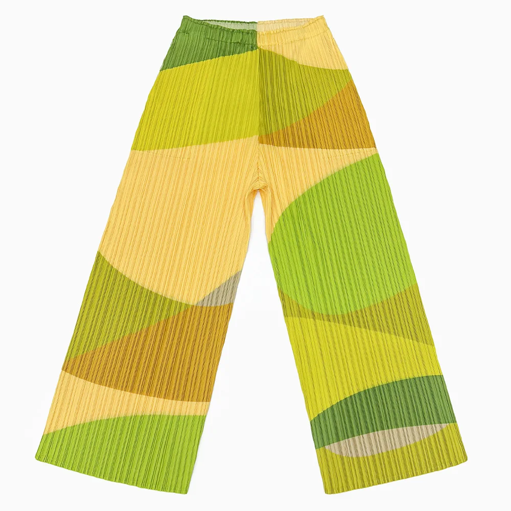 Miyake Women's Green Blue Color Block Geometric Print Pleated Pants, High Waist Wide Leg Casual Trousers