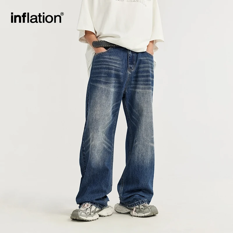 INFLATION Retro Ripped Wide Leg Jeans Washed Trend Pant Simple Versatile Straight Trousers for Men