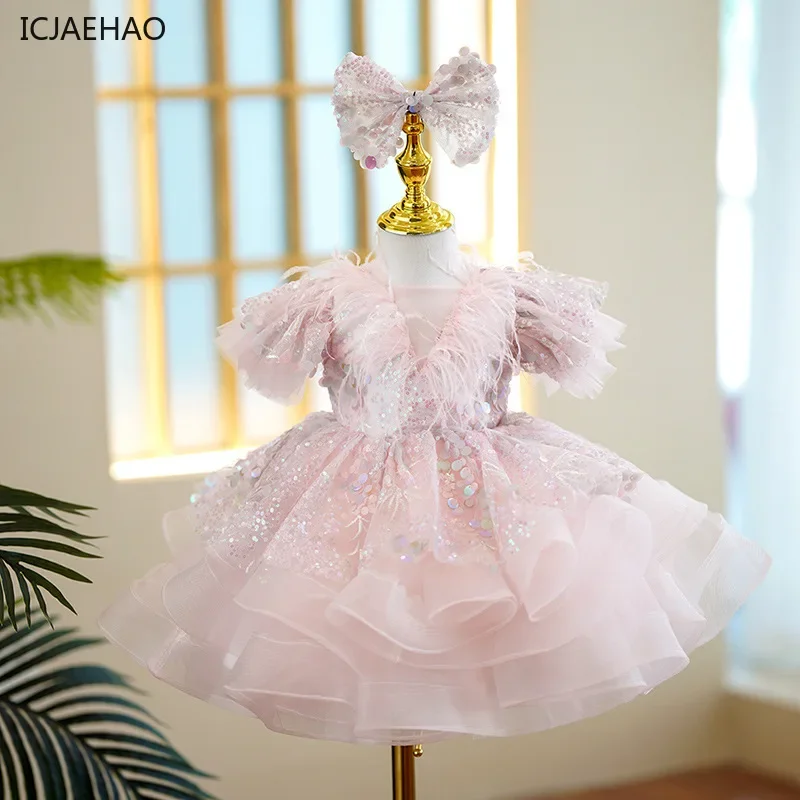 ICJAEHAO Flower Party Kids Ball Gowns Fluffy Weddings TeenagersGirl Luxury Shiny Feathers Dress for Children Matching Birthday