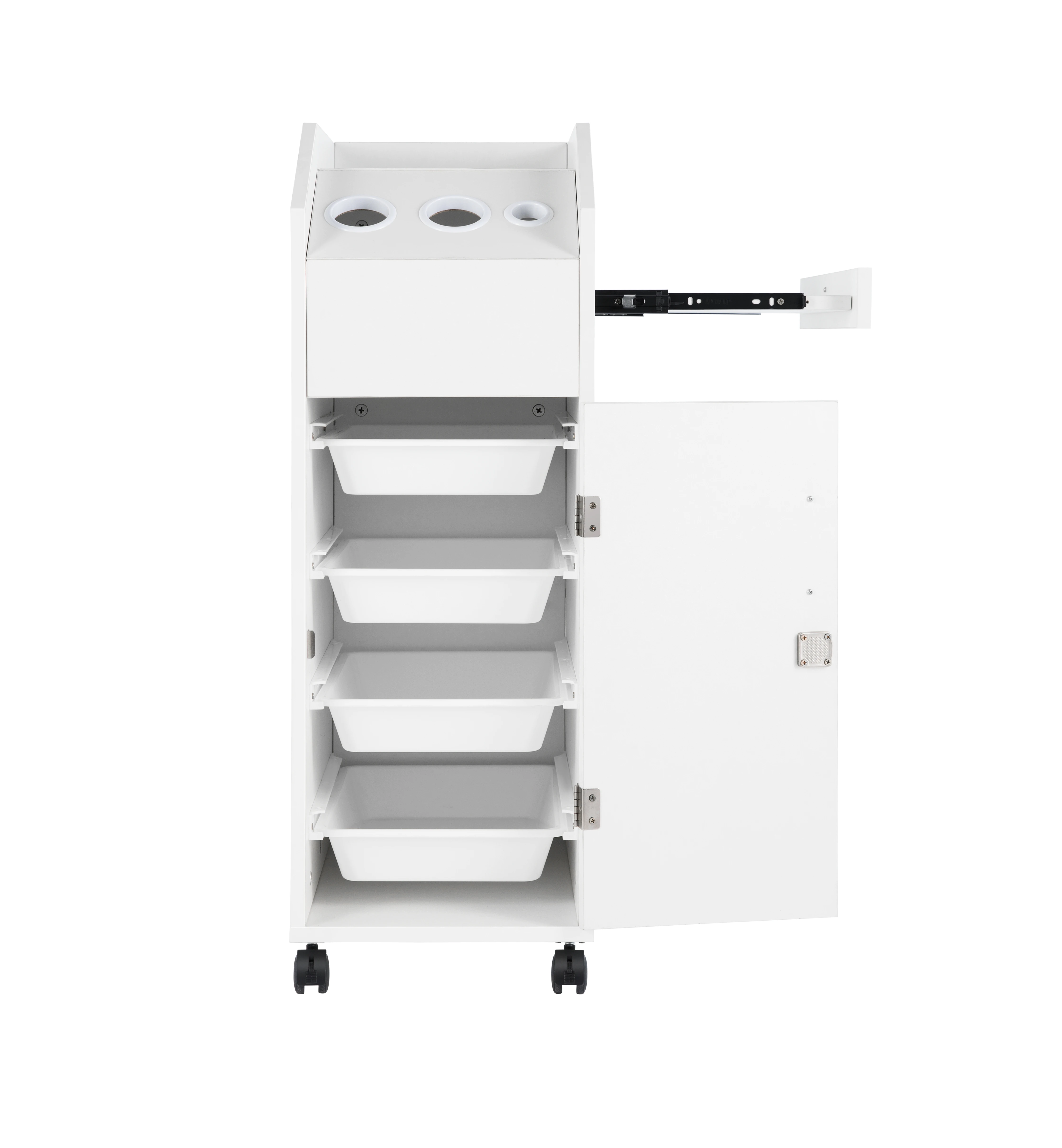 

Factory Wholesale White Salon SPA Beauty Hairdressing Cart 4 Lockable Rolling Wheels Modern 4-Drawer Wood Storage Bedroom