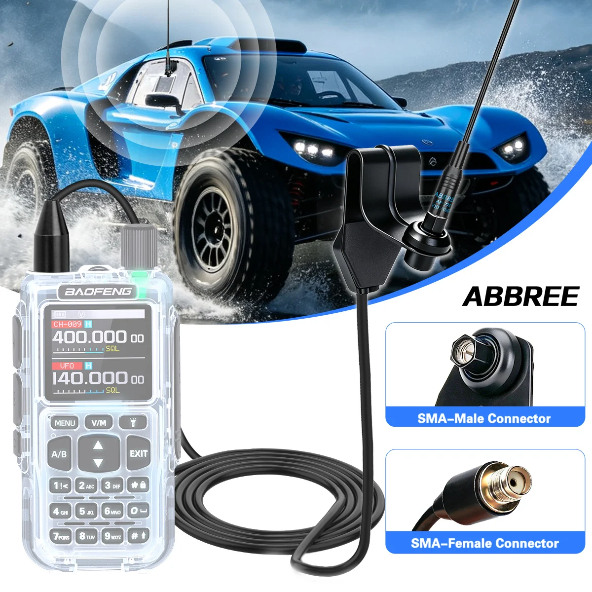 ABBREE Window Clip Mount Car Antenna Bracket Female To Male Extension Cable For Baofeng UV-5R MINI UV-21 PRO Quansheng Ham Radio
