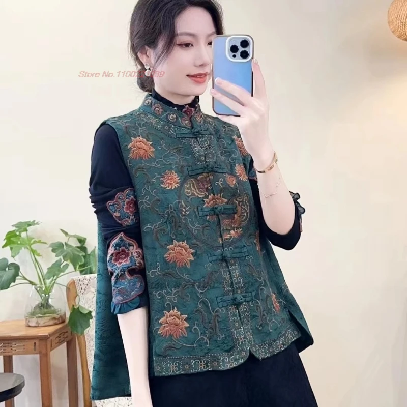 2025 chaleco popular con bordado de flores nacionales, chaleco jacquard satinado con cuello levantado oriental, chaqueta tradicional sin mangas, tops hanfu