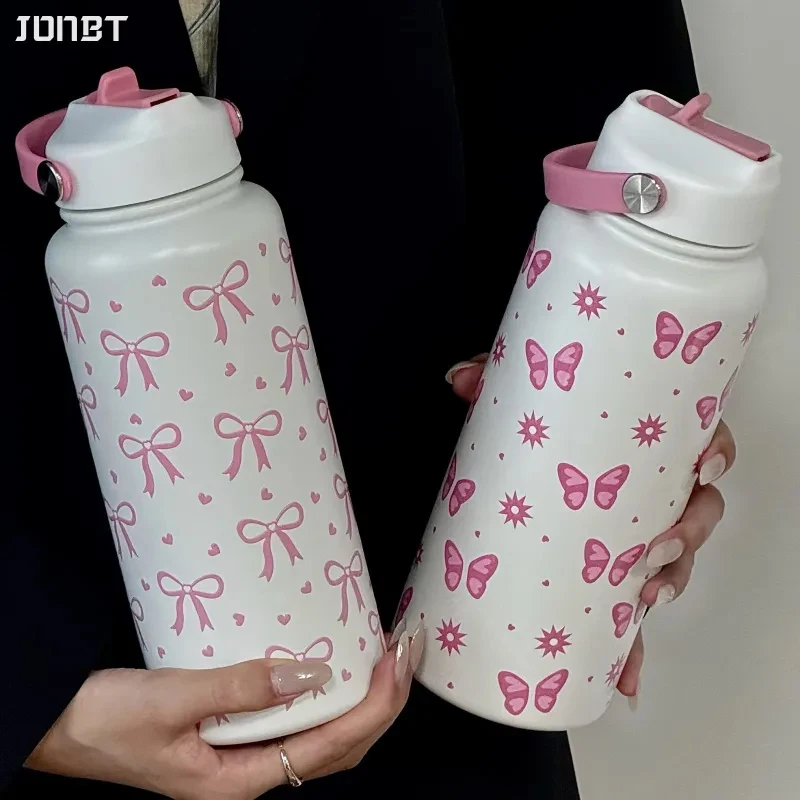 

1000ml/33oz Vacuum Insulated Water Bottle Thermal Tumbler with Straw & Handle Cute Bow Leakproof Stainless Steel Thermos Flask