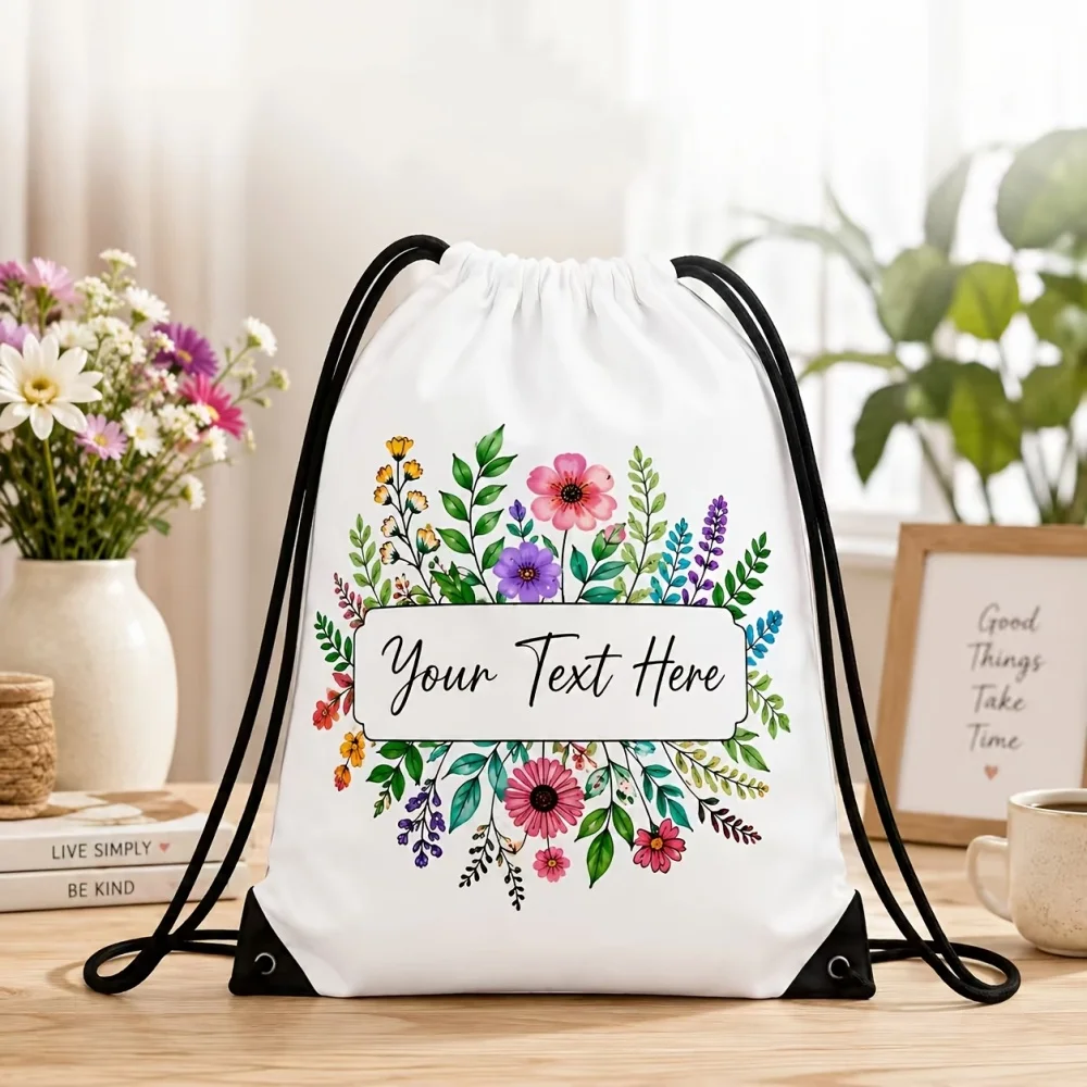 1Pc Personalized Custom Name/Text Drawstring Bag, Floral Pattern Design Storage Pouch, Lightweight Travel Bags Gym Backpack