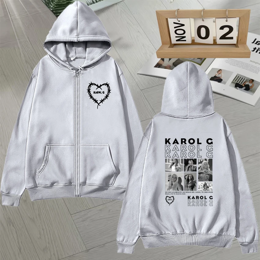 Hot sale Fashion KAROL G Music Album Double Sided Print Zip Up Hoodies Unisex Long sleeve Autumn Winter Men Women Zipper Coats