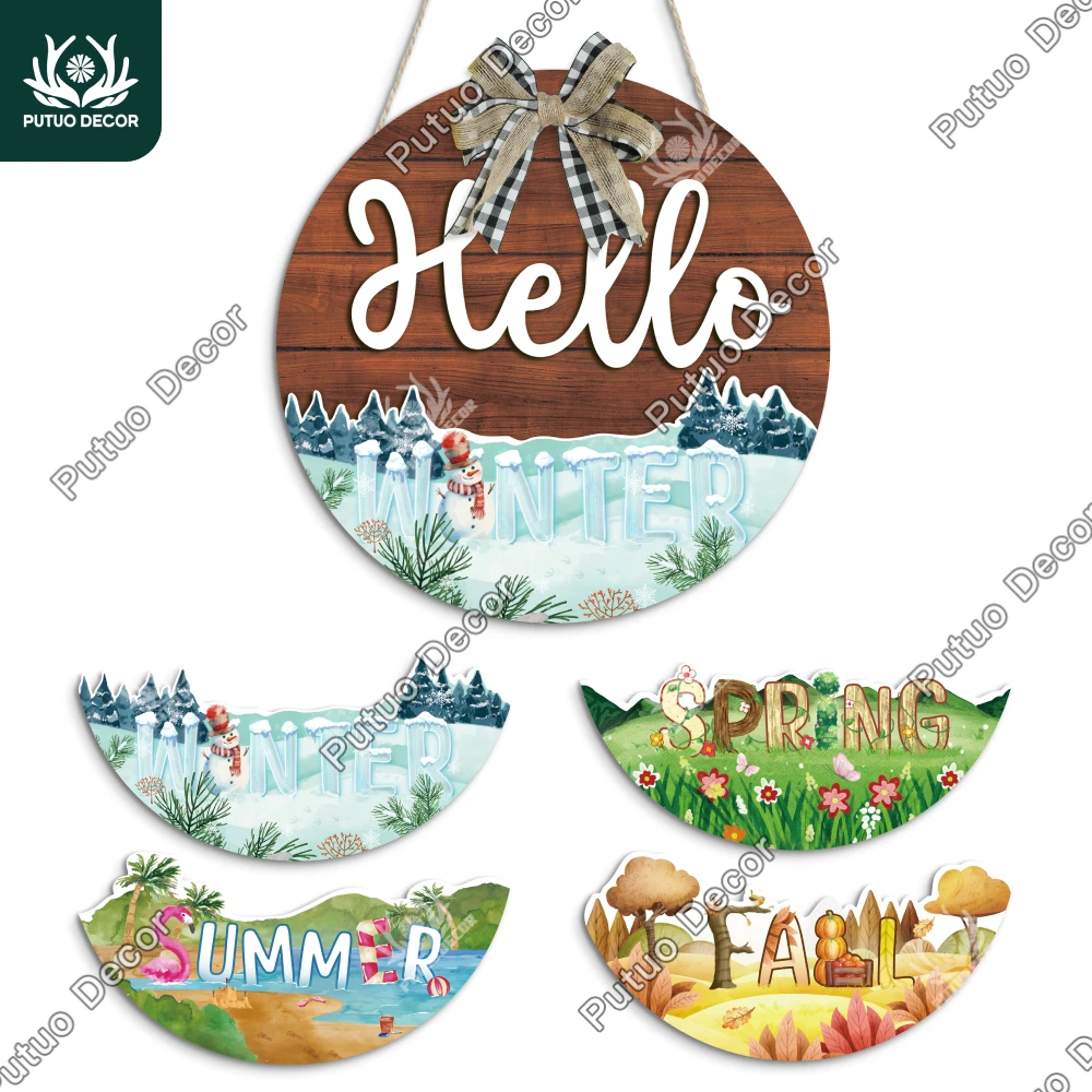 Putuo Decor  Double Layered Hello Text Front Door Decor, 4 Season Change Velcro Icons,Round Wooden Hanging Plaque，Seasonal Gifts