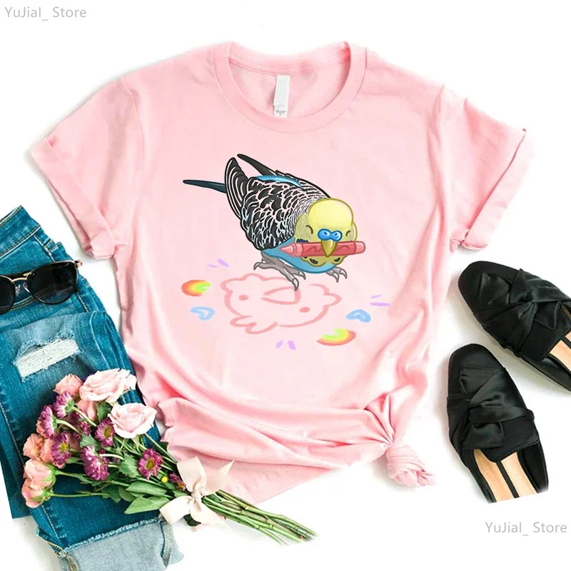 Cockatiel Parrot Love Draw Printed T Shirt Girls Harajuku Kawaii Clothes Gray/Green/Yellow/Pink/Black/White T-Shirt Femme Tops