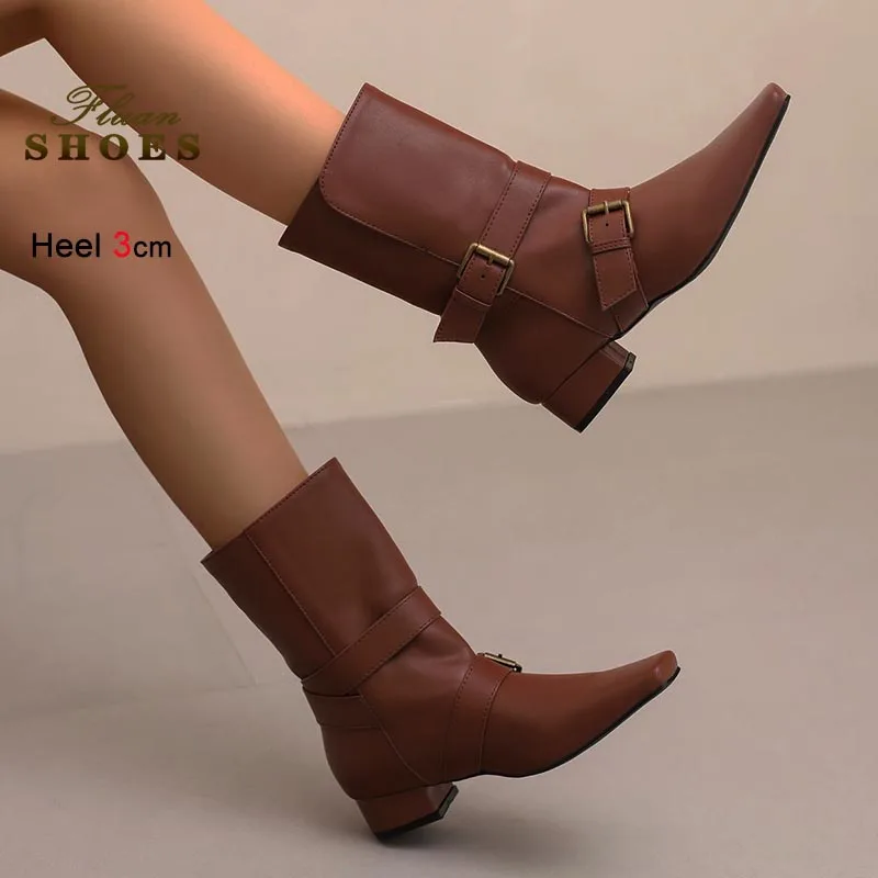 موضة 3 سنتيمتر كعب منخفض المرأة حذاء من الجلد جلد غير رسمي منتصف العجل الأحذية الخريف الشتاء السيدات أحذية عدم الانزلاق وحيد أحذية بوت قصيرة
