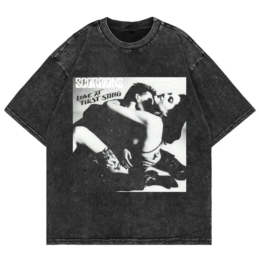 Camisetas de banda de Rock alemana Scorpions para hombre, camisetas de algodón lavado con cuello redondo, moda urbana de talla grande, camisetas de gran tamaño, ropa para hombre