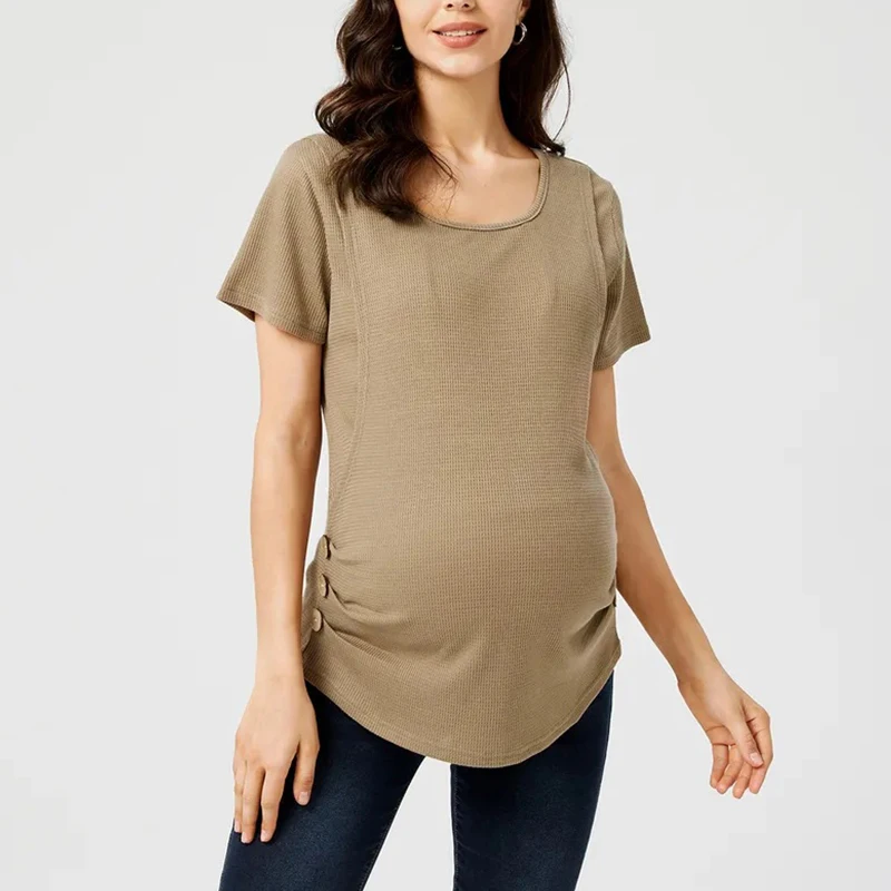 Women Maternity Breastfeeding Tee Nursing Tops Solid Color Button V-Neck Short Sleeve Maternity Nursing Clothes TShirt Tee Shirt