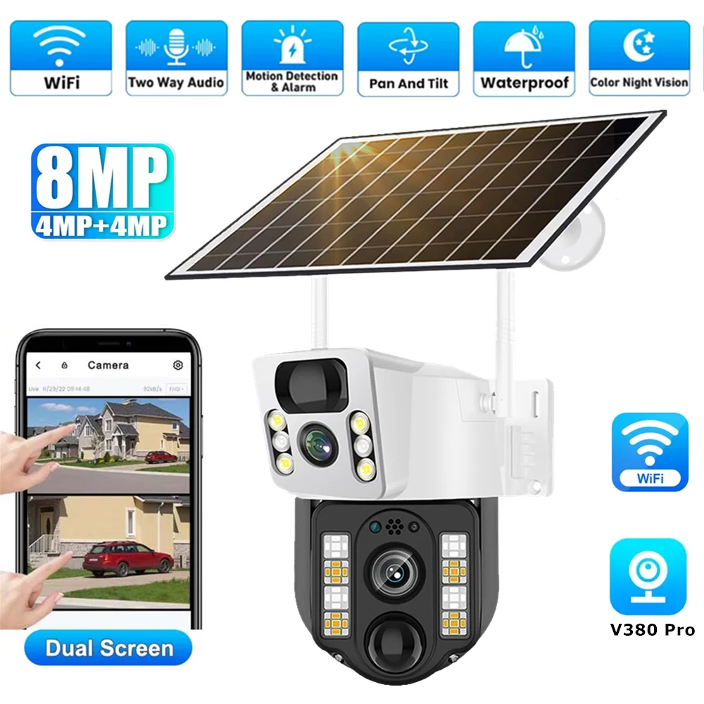 

8MP Solar Camera Two lens Two Screens CCTV Outdoor PTZ Control Motion Tracking Color Night Vision Solar Cameras Waterproof