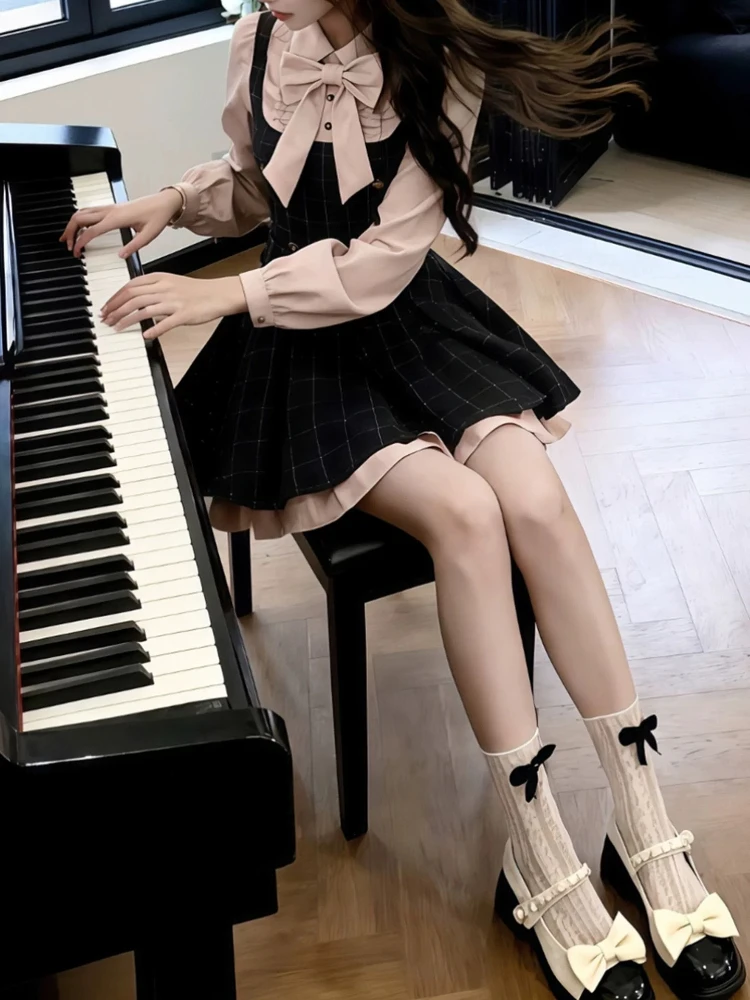 Korean Fashion Sweet Plaid Mini Dress for Women Bow Shirt Style Pleated Skirt Cute Vintage Autumn Winter Elegant Chic Outfit