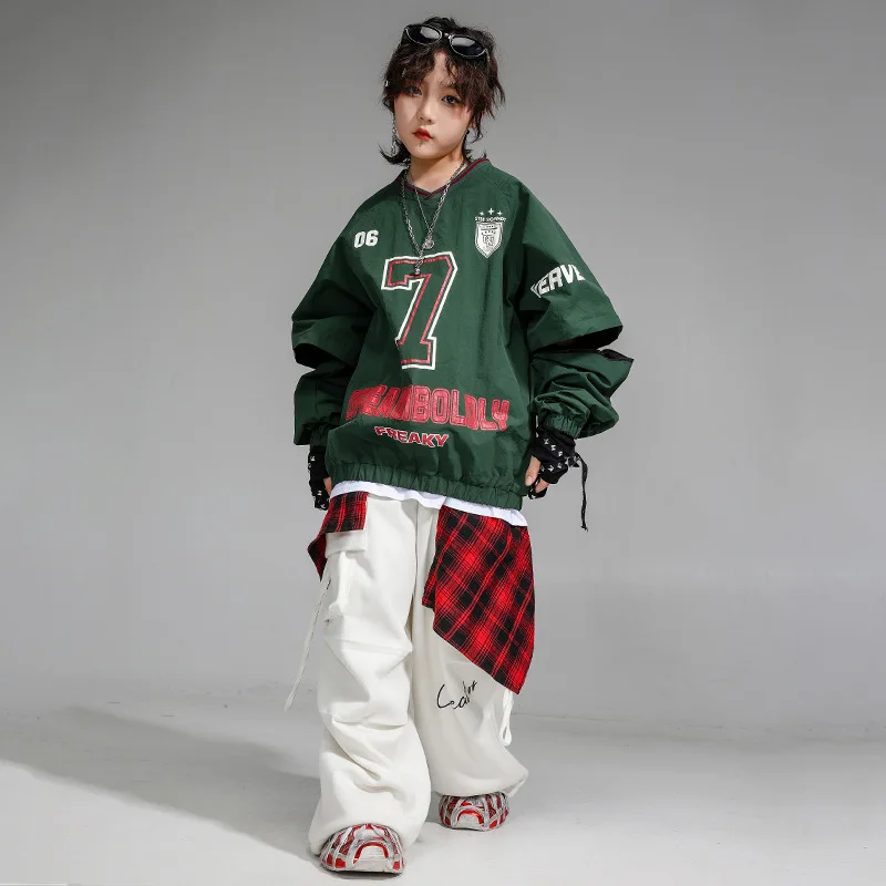 Kinder-Hip-Hop-Kleidung, grün, V-Ausschnitt, elastischer Saum, Sweatshirt, weiß, lässig, breite Cargohose für Mädchen, Jungen, Jazz-Tanzkostüme, Kleidung