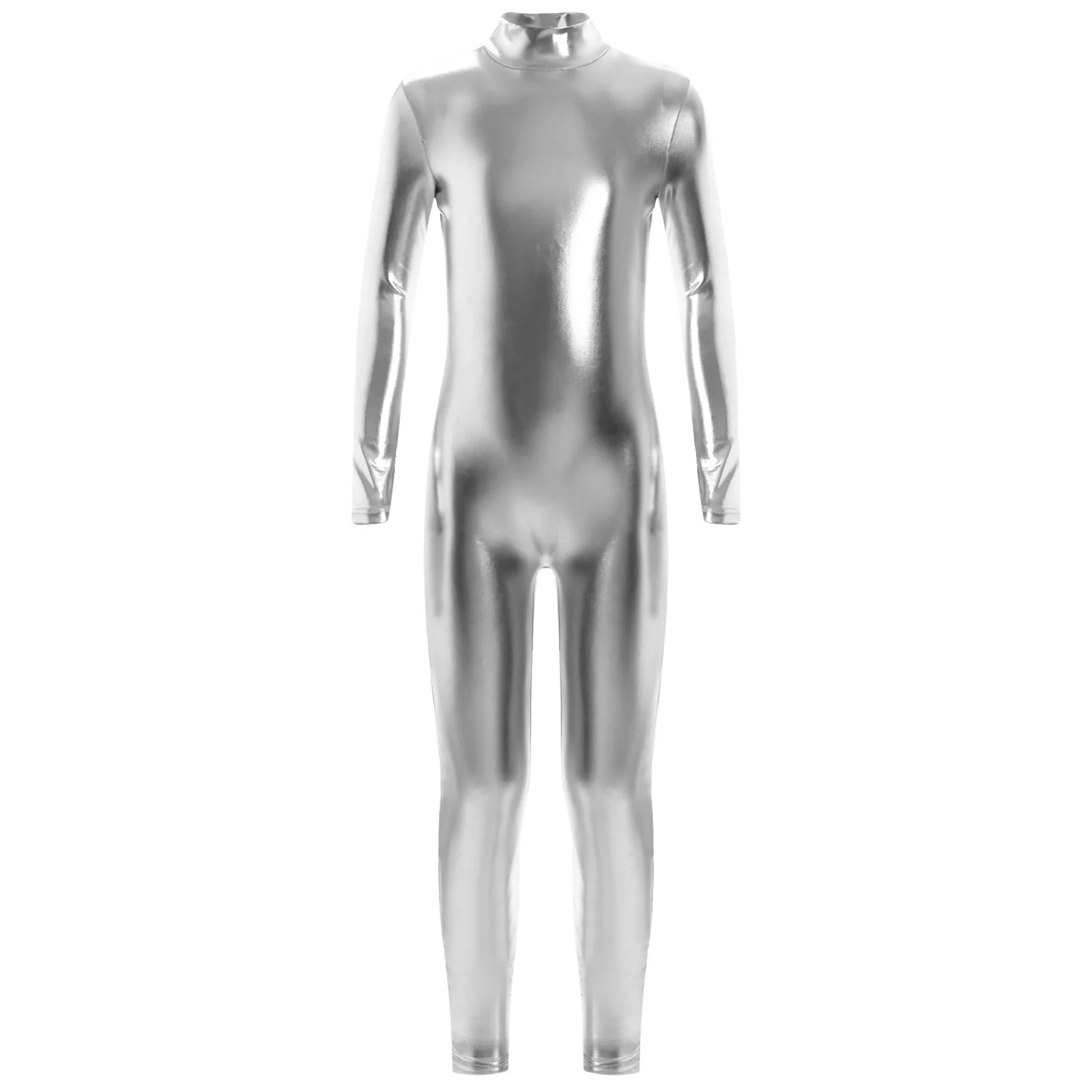 Girls Metallic Figure Skating Jumpsuit Gymnastics Dance Leotard Rave Outfits Full Body Bodysuit Dancewear Festival Costumes