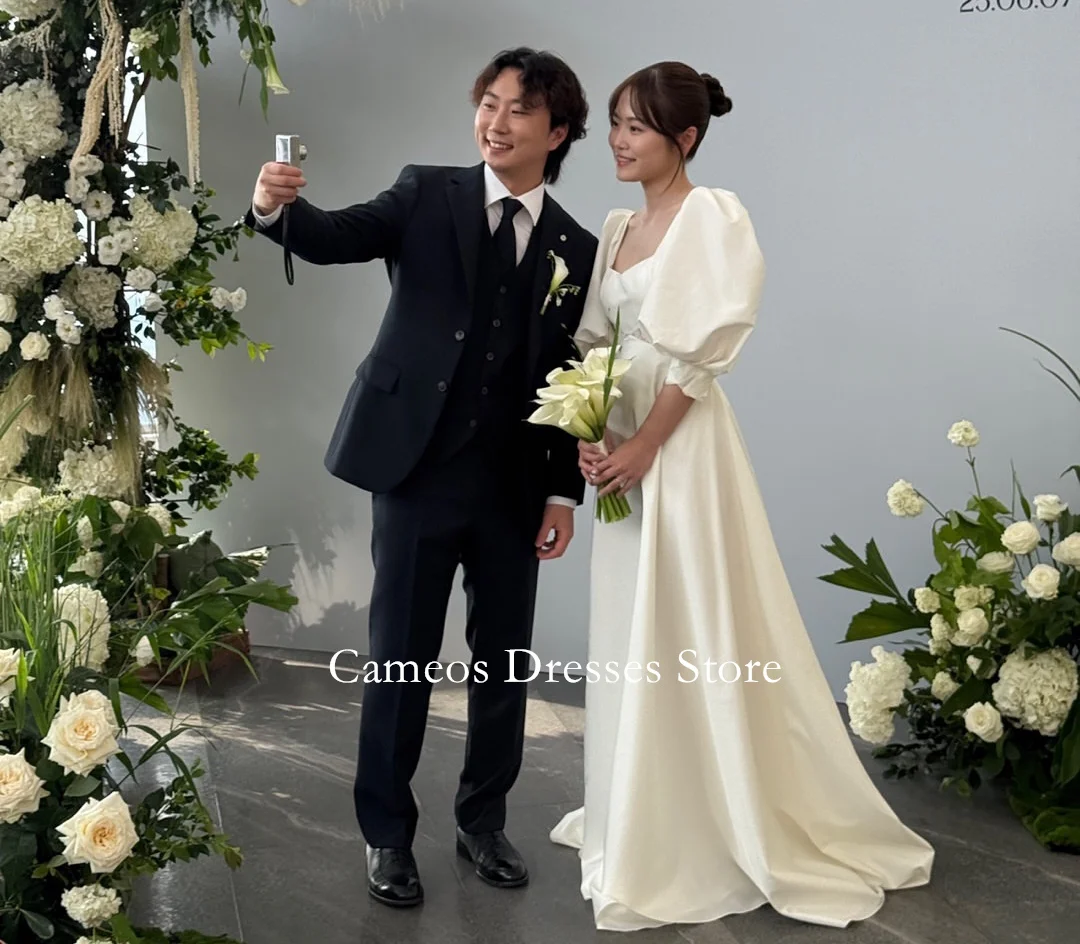 SONDR Customized Sweetheart Satin Puff Sleeves Ivory Wedding Dresses Ruched Simple Korea Brides Gowns Women Bridal Dresses