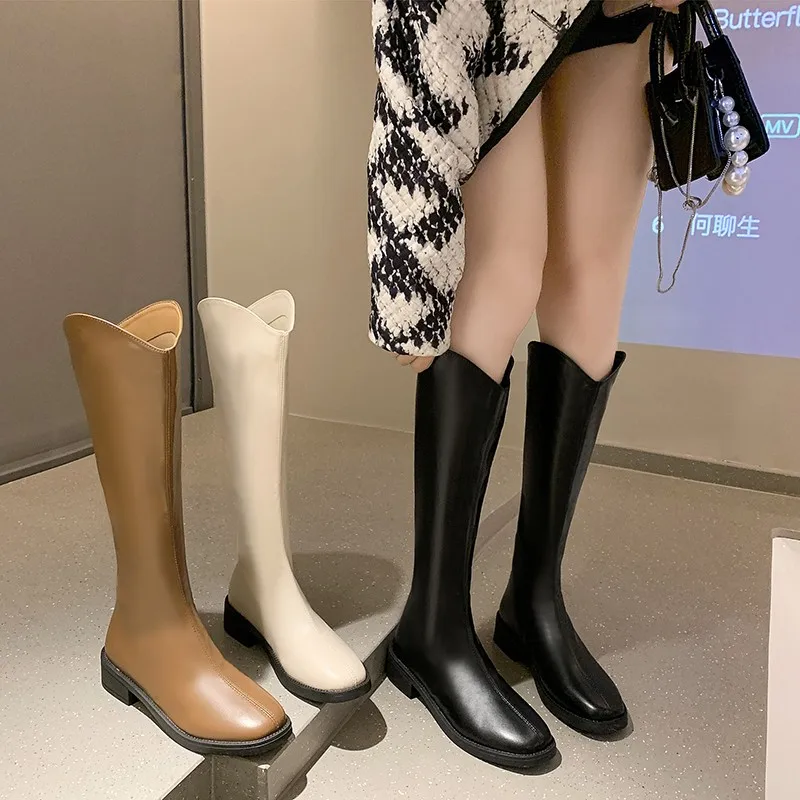 V-notch Design Women Boots Fashion Knee-high Boots Temperament Pointe Leather Boots for Women Slim Long Boot Botas Largas Mujer