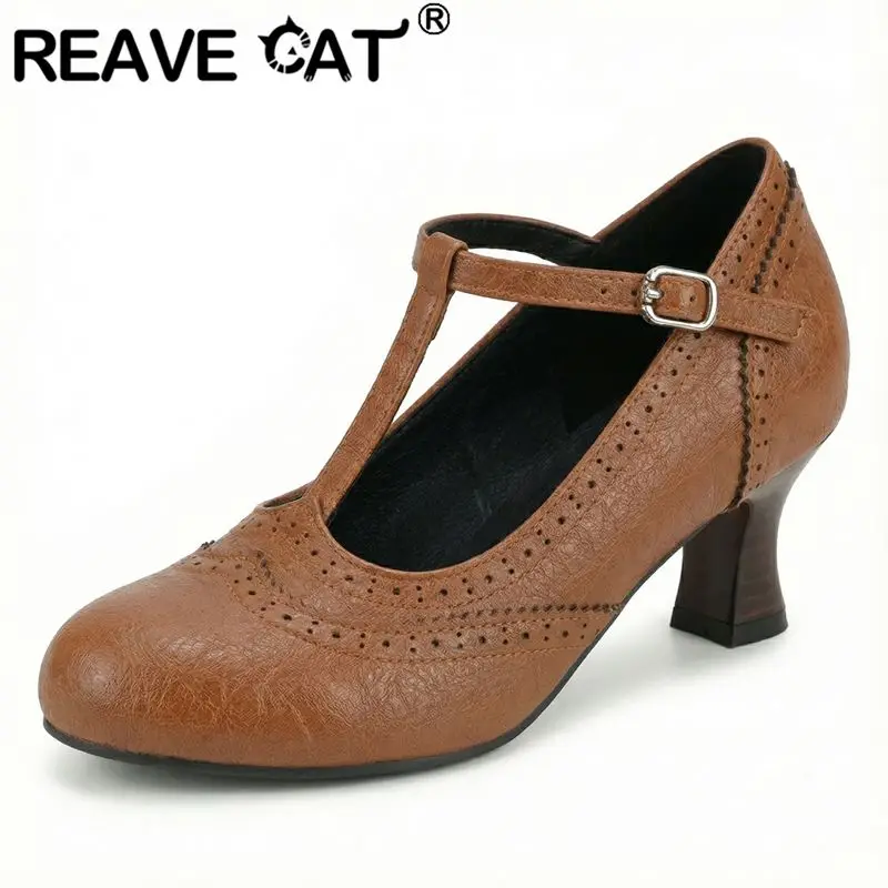 

Туфли-лодочки REAVE CAT красные женские с круглым носком, на массивном каблуке 6 см, с Т-образным ремешком и пряжкой, большие размеры 46, 47, 48, 49, 50, повседневная женская обувь