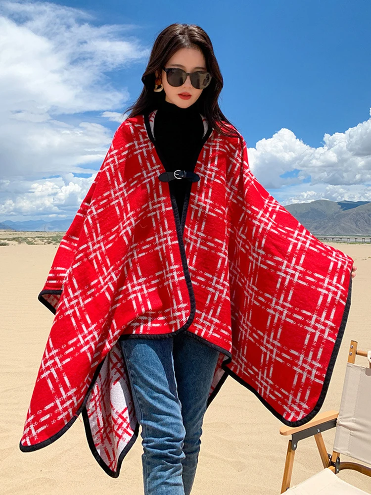 Imitacja kaszmiru kobiety szalik zimowy Vintage Plaid sweter Poncho z kapturem Femme gruby Capa Para Mujer Pashmina szal boże narodzenie