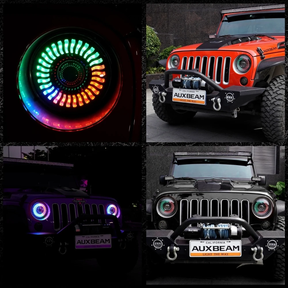 Auxbeam 7 بوصة LED المصابيح الأمامية RGB ضوء متدفق بلوتوث APP التحكم مرحبا منخفضة شعاع مع هالة ل جيب رانجلر JK TJ LJ 1997-2018
