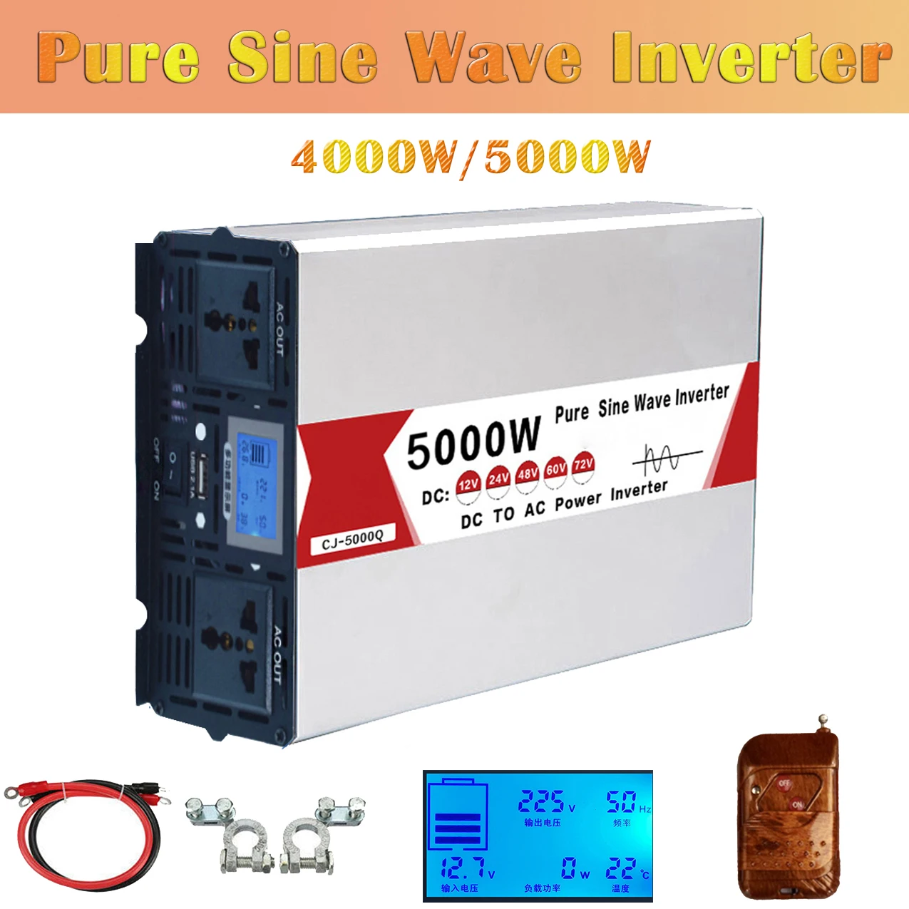 

Pure Sine Wave Inverter 12v 220v Power 4000W 5000W Solar Car Inverters With USB Remote Control Multi Function Display Converter