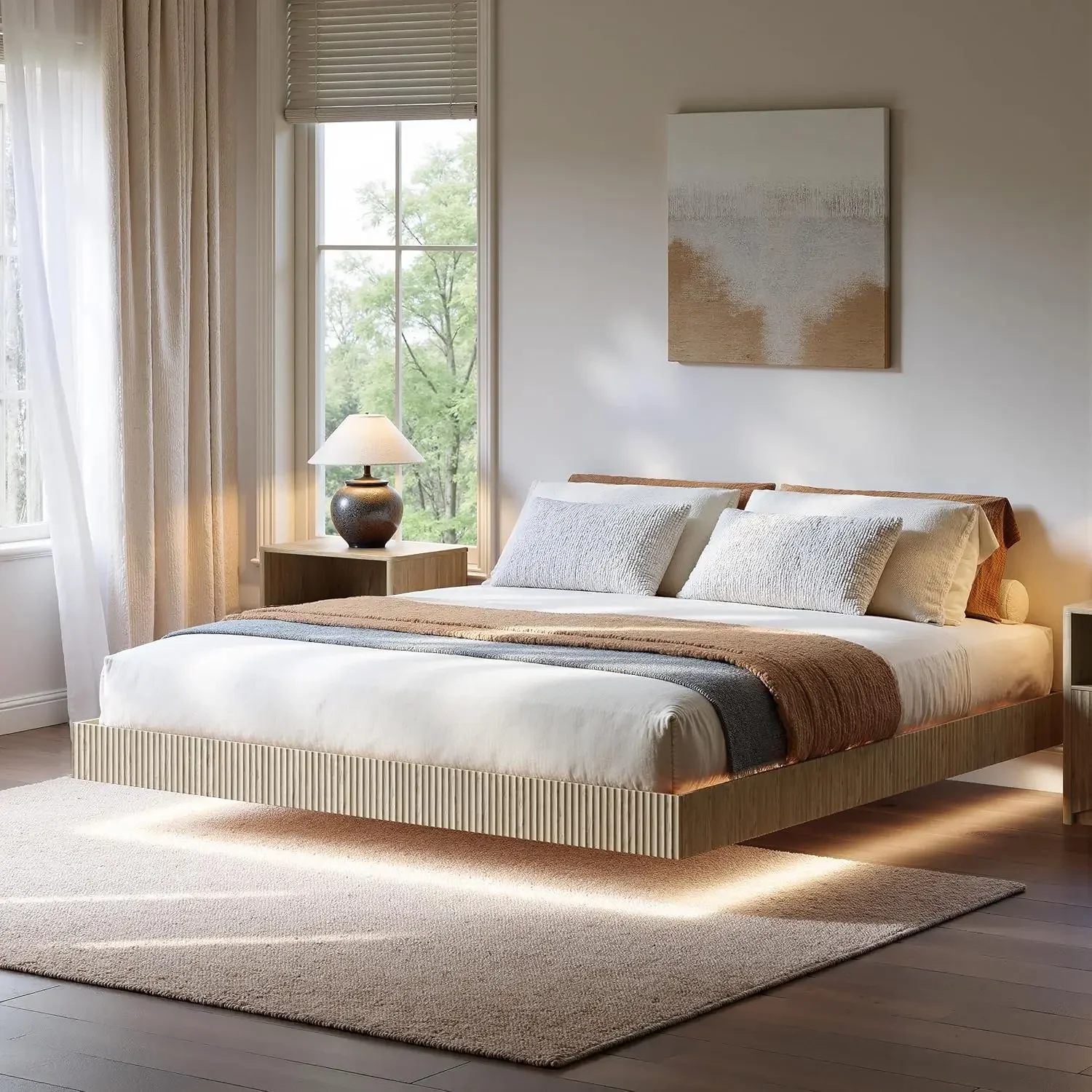 12In High Oak King Floating Bed Frame with led Lights | Fluted Platform Bed with Decorative Surround, Heavy Duty Bohemia