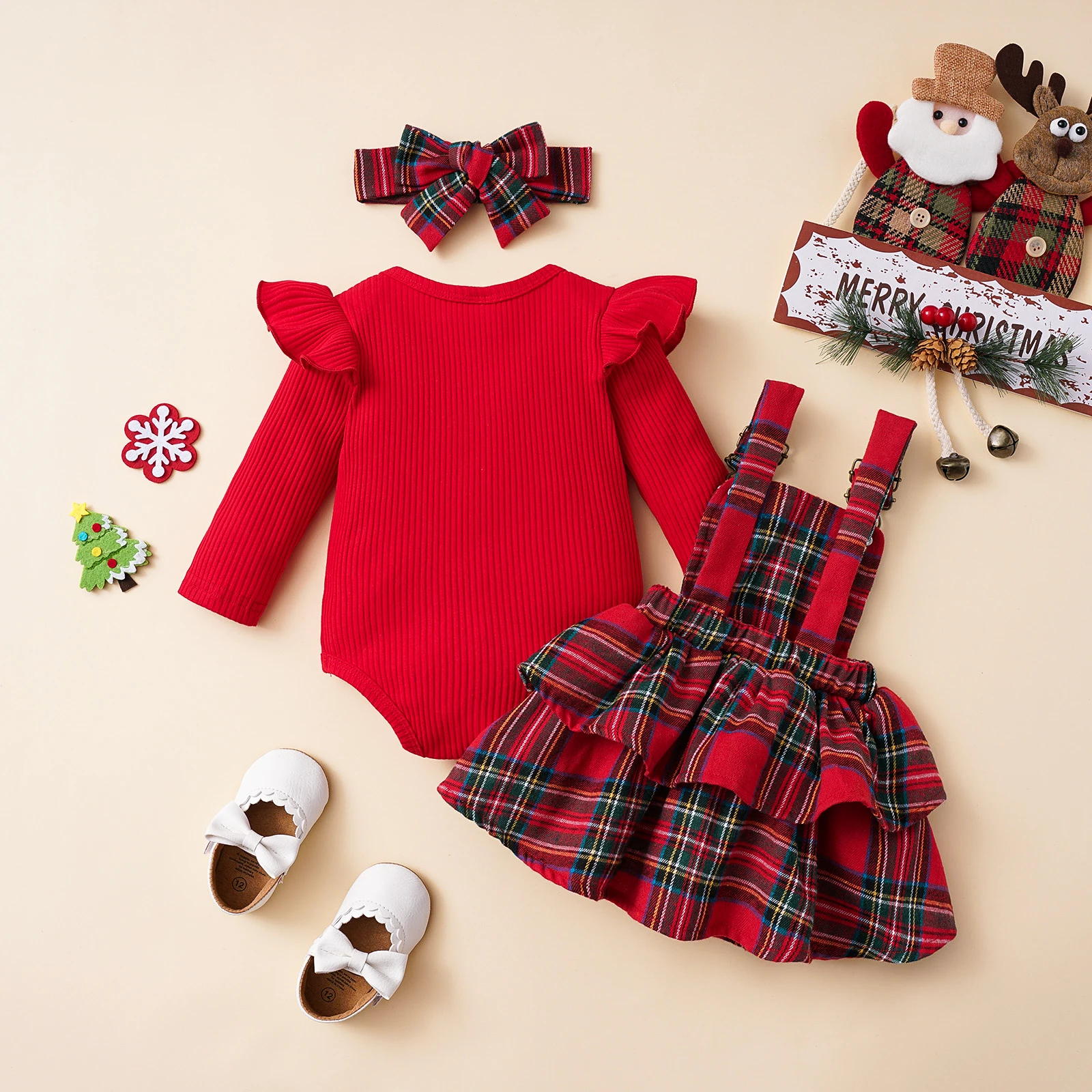 Infant Newborn Baby Girls Christmas Outfit Ruffle Long Sleeve Ribbed Crew Neck Bodysuit Plaid Suspender Skirt Headband 3Pcs