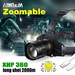 Most Powerful XHP360 36-core Headlamp Flashlight 18650 Rechargeable ZOOM Head Flashlights High Power Head Lamp Fishing Headlight