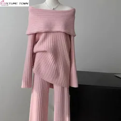 2024 autumn and winter new sexy temperament one shoulder long sleeved knitted sweater+wide leg pants two-piece set