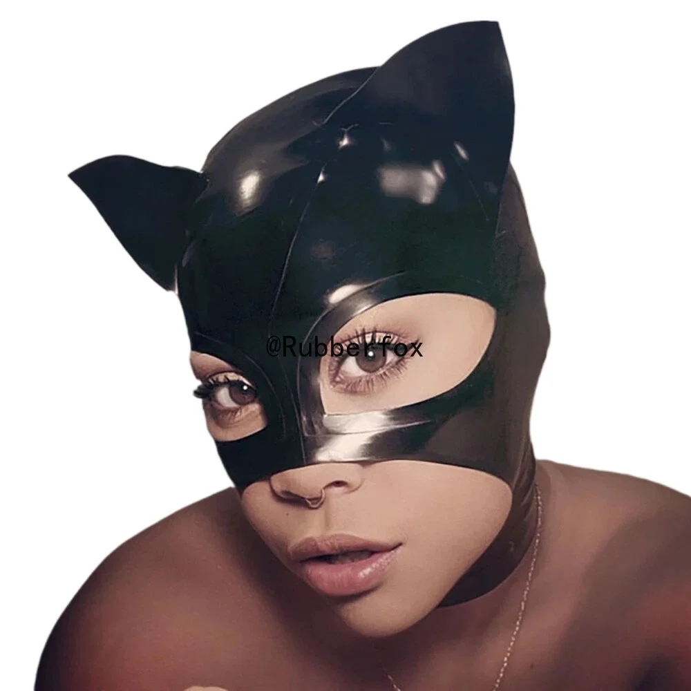 

Индивидуальная латексная маска женщины-кошки с капюшоном, полное покрытие с большими глазами, носом и ртом, открытая резиновая маска для вечеринки с кошачьими ушками