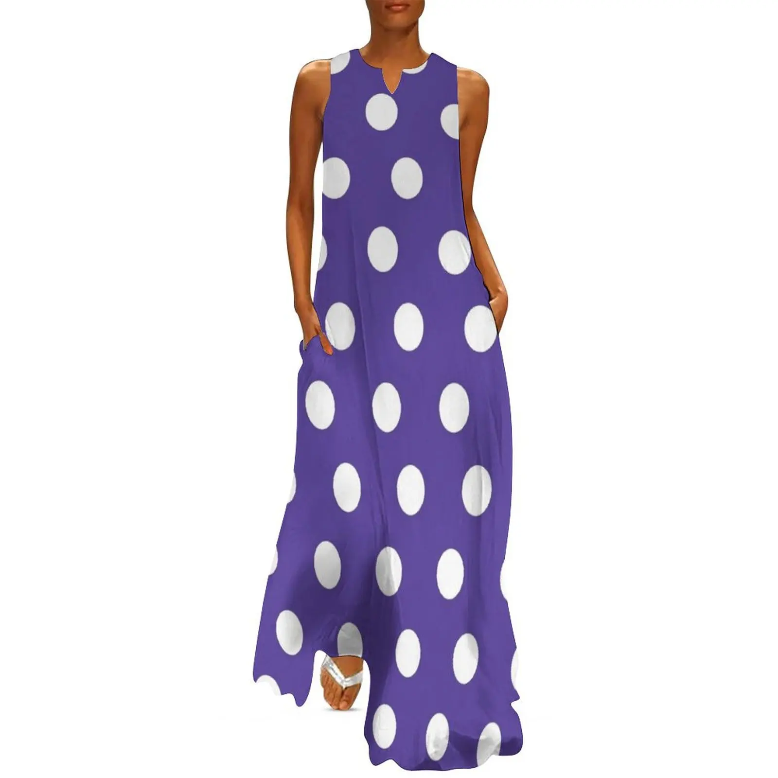 

Classic Polka Dot Pattern_White Strong Purple Chic Dark Violet Vivid Lavender Long Dress Casual dresses Dress