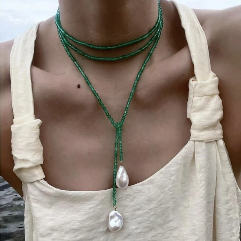 French fashion retro grandmother green crystal pearl pendant beaded necklace light luxury high-end sense sweater chain women