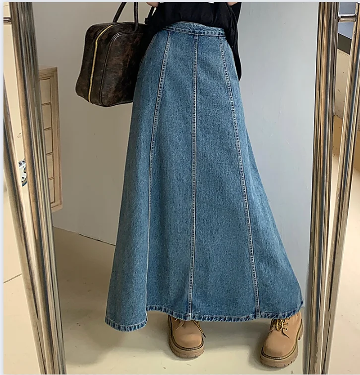 S-XL Blauwe Lange Denim Rok 2024 Koreaanse Stijl Losse Hoge Taille Rechte Lange Jeans Rokken Stijl