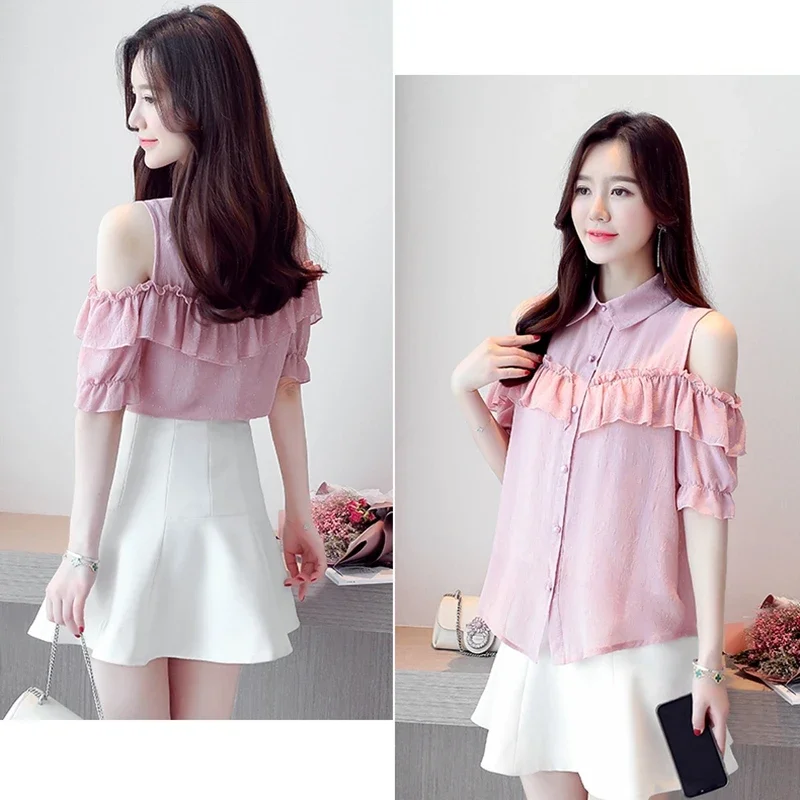 Women Off Shoulder Tops Shirts Summer 2024 Korean Fashion Clothes Casual White Pink Blusas Feminina Ruffles Sexy Chiffon Blouses