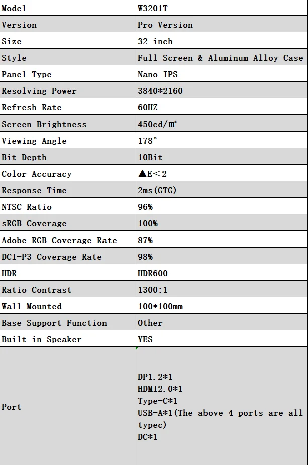 32" 4K 60Hz Nano IPS-monitor zonder basis - 10 bit kleuren + blauwlichtfilter! GamingGear" behuizing van metaalmateriaal van aluminiumlegering