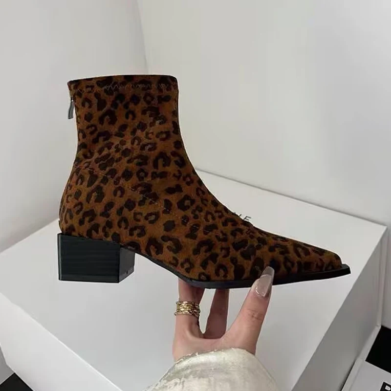 

Leopard Women Ankle Boots Pointed Toe Fashion Heeled Shoes Winter Sexy New Woman 2025 Dress Goth Chelsea Botas De Mujer Zapatos